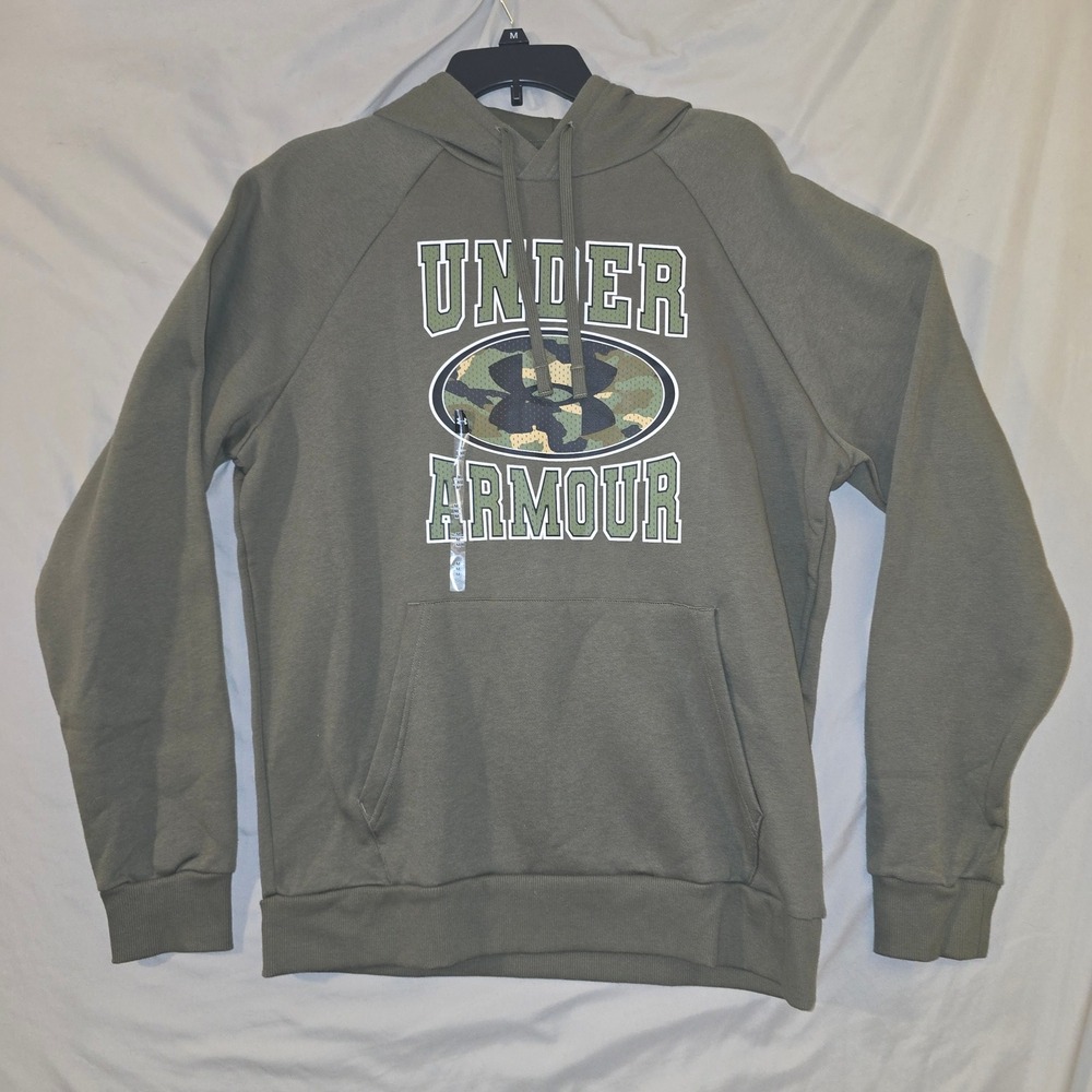 Under Armour Hoodie Medium Mens Olive Green Camo Logo Rival Fleece Pullover